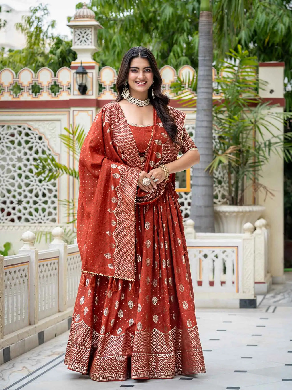 Rust Foil Printed Silk Lehenga Choli