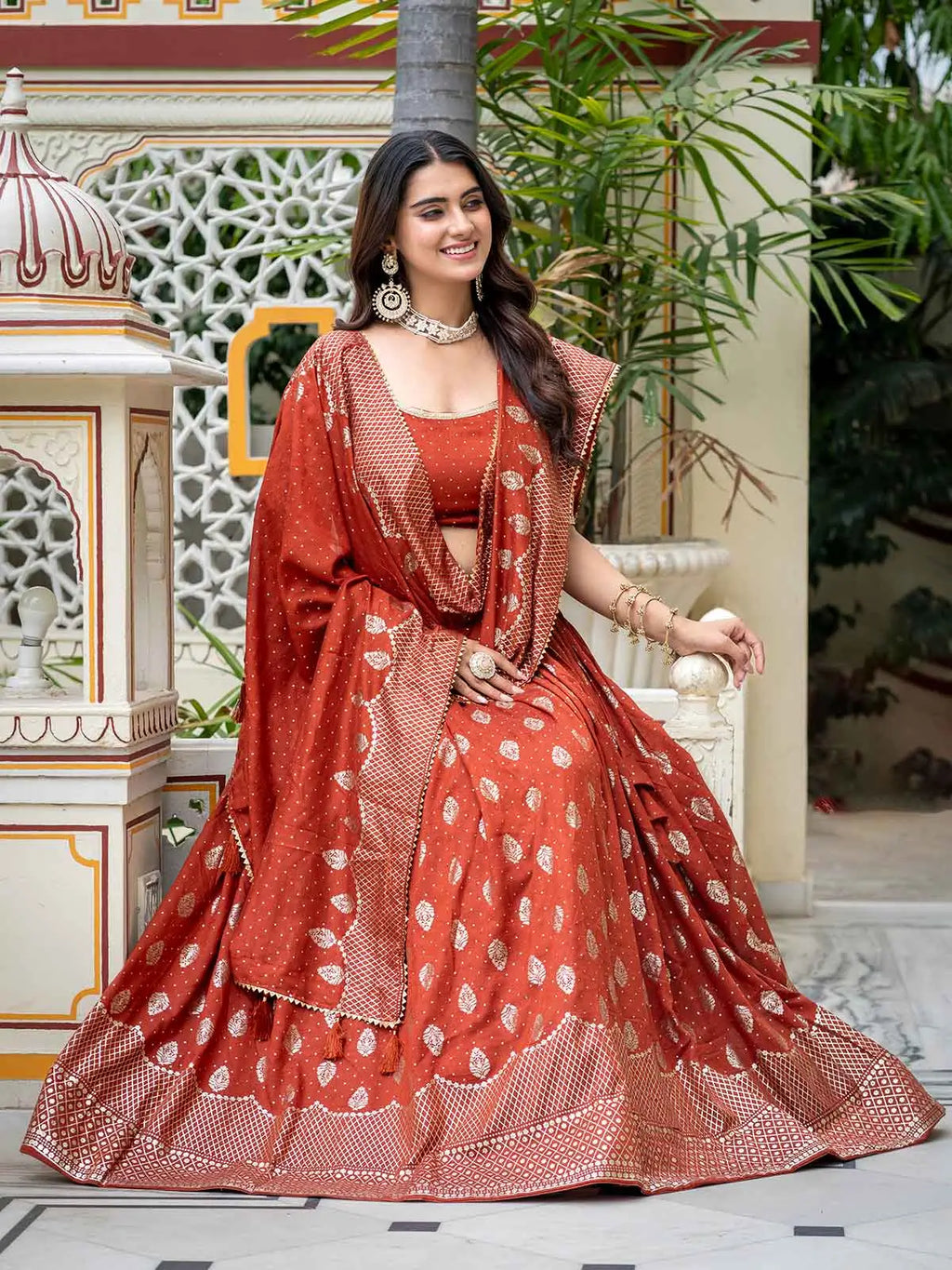 Rust Foil Printed Silk Lehenga Choli