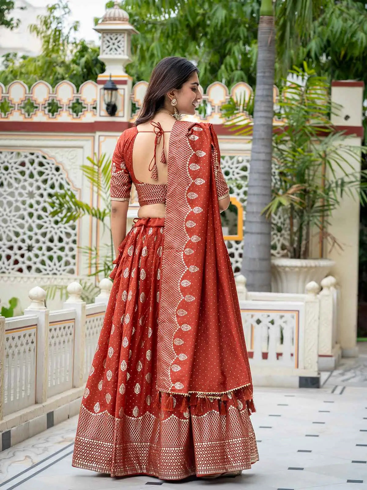 Rust Foil Printed Silk Lehenga Choli