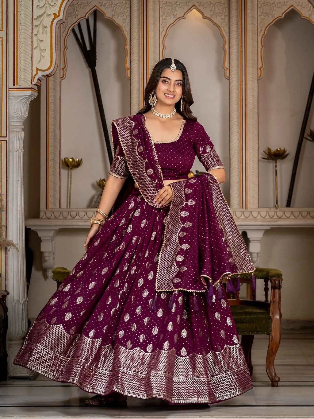 Wine Foil Printed Silk Lehenga Choli