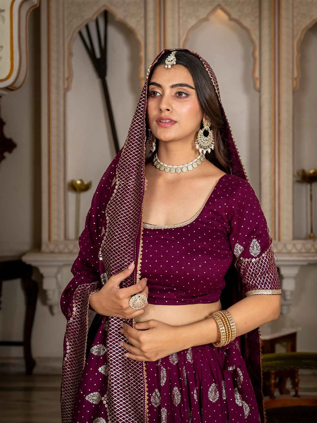 Wine Foil Printed Silk Lehenga Choli