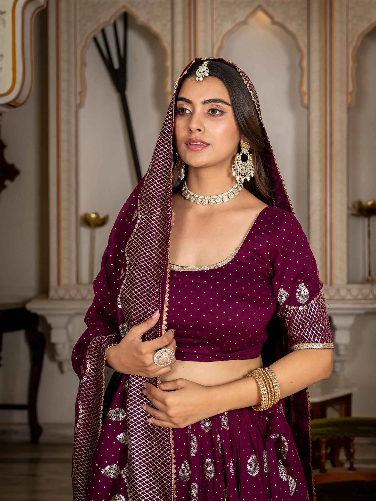 Wine Foil Printed Silk Lehenga Choli