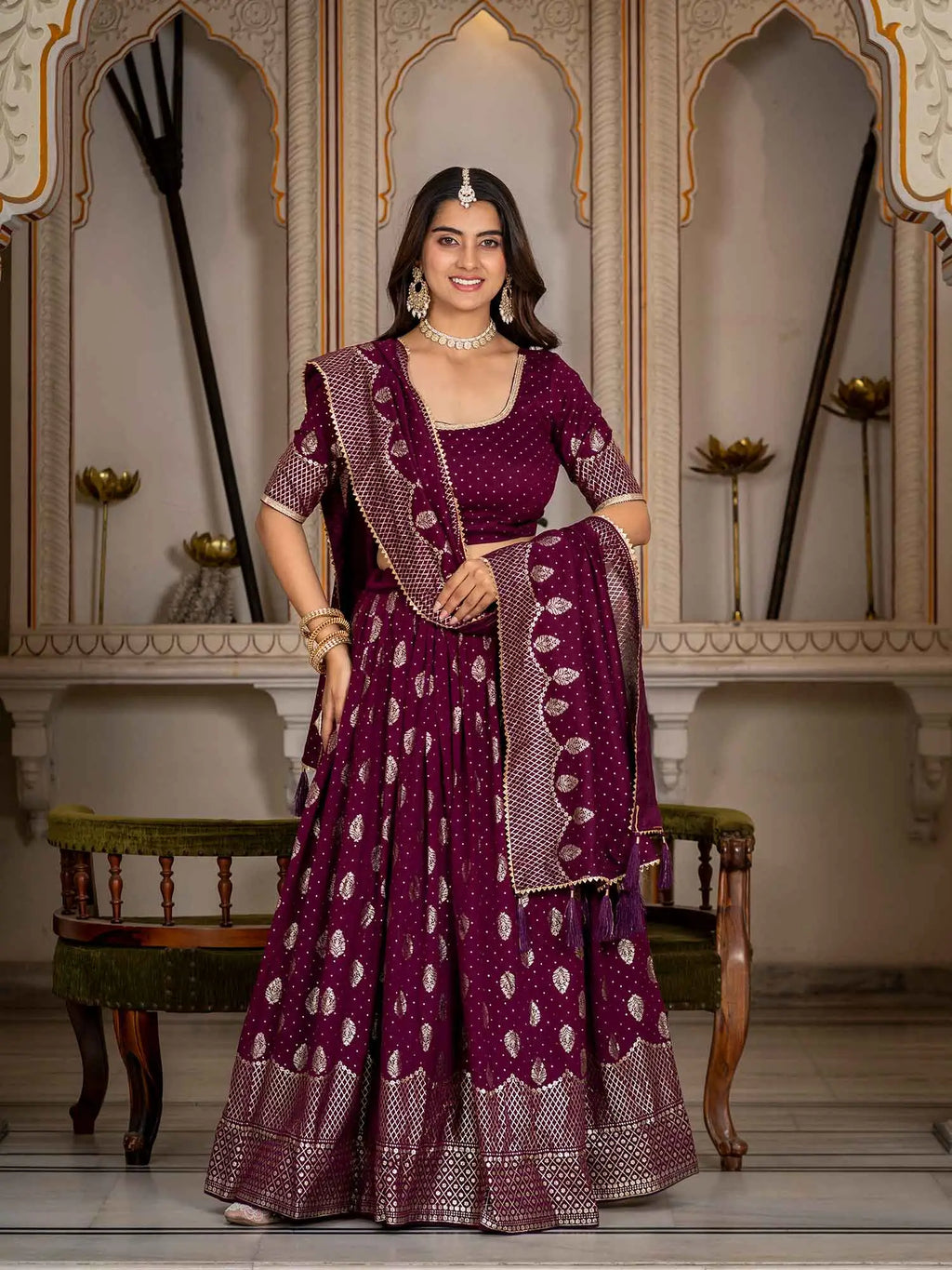 Wine Foil Printed Silk Lehenga Choli