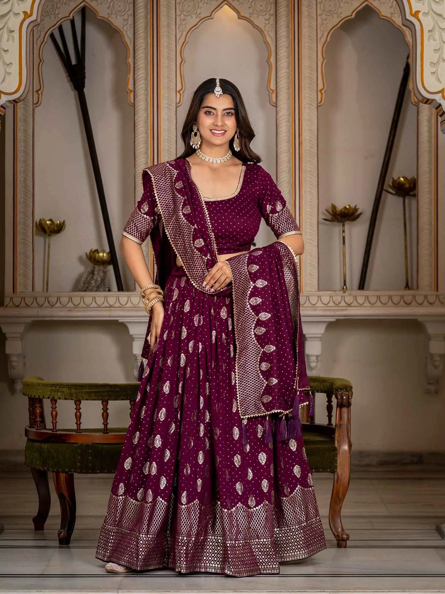 Wine Foil Printed Silk Lehenga Choli