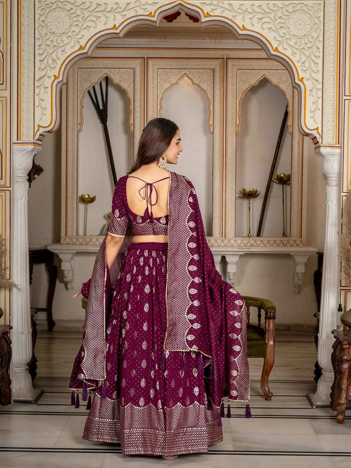 Wine Foil Printed Silk Lehenga Choli