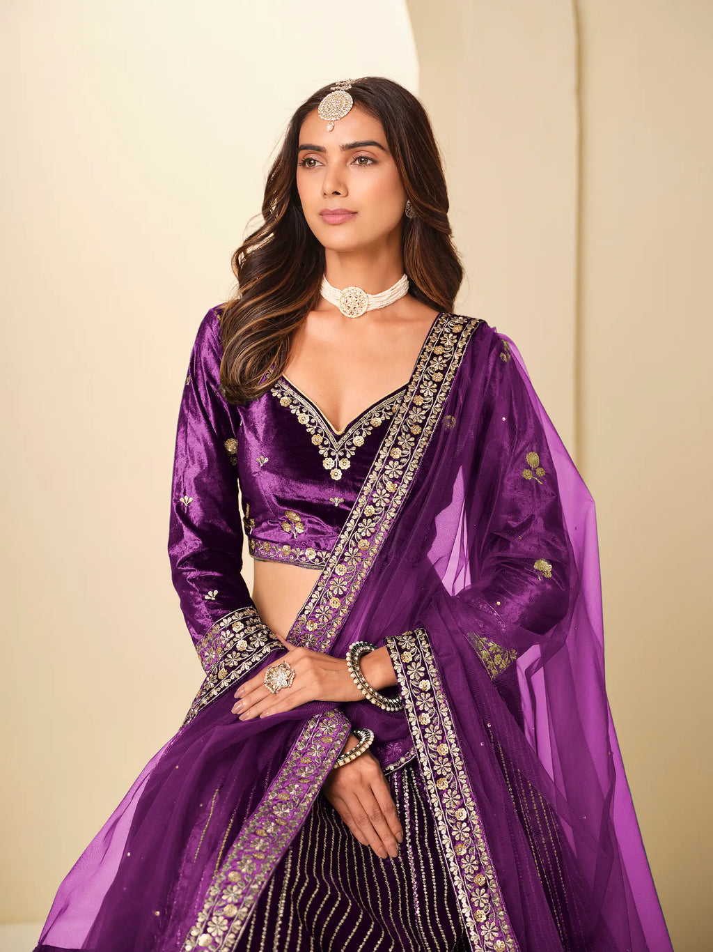 Grape Purple Embroidery Work Velvet Lehenga Choli