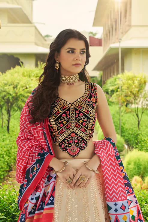 Designer Beige Lehenga Choli with Sequins & Thread Embroidery