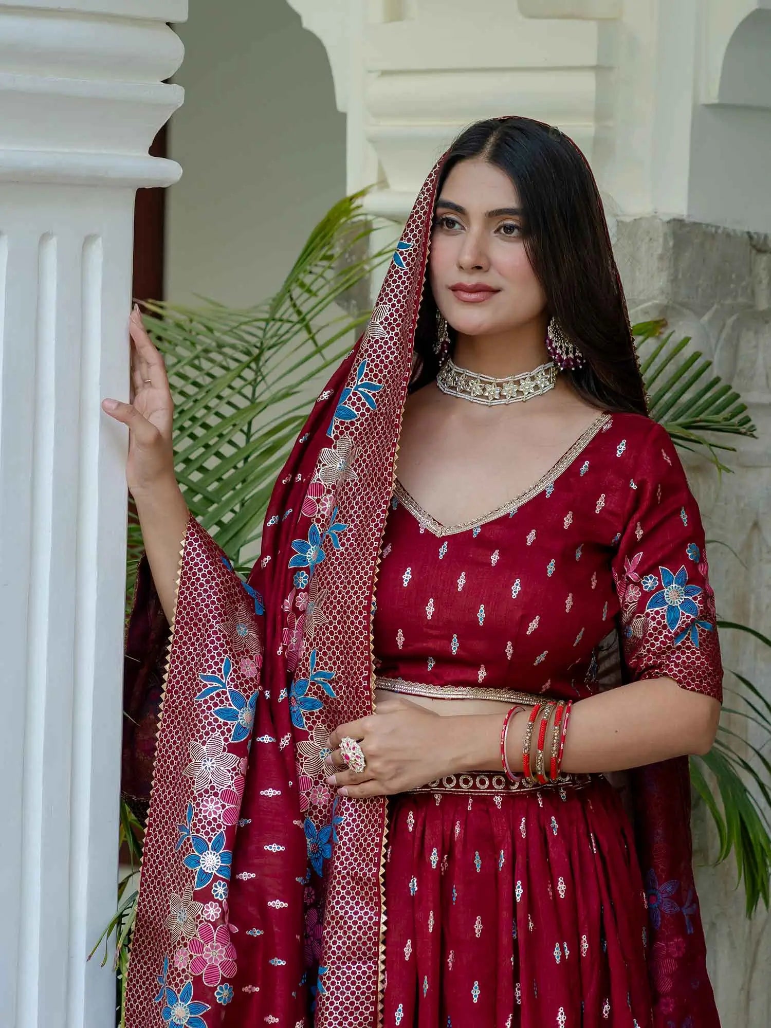 Maroon Lehenga Choli With Multi Color Foil Print
