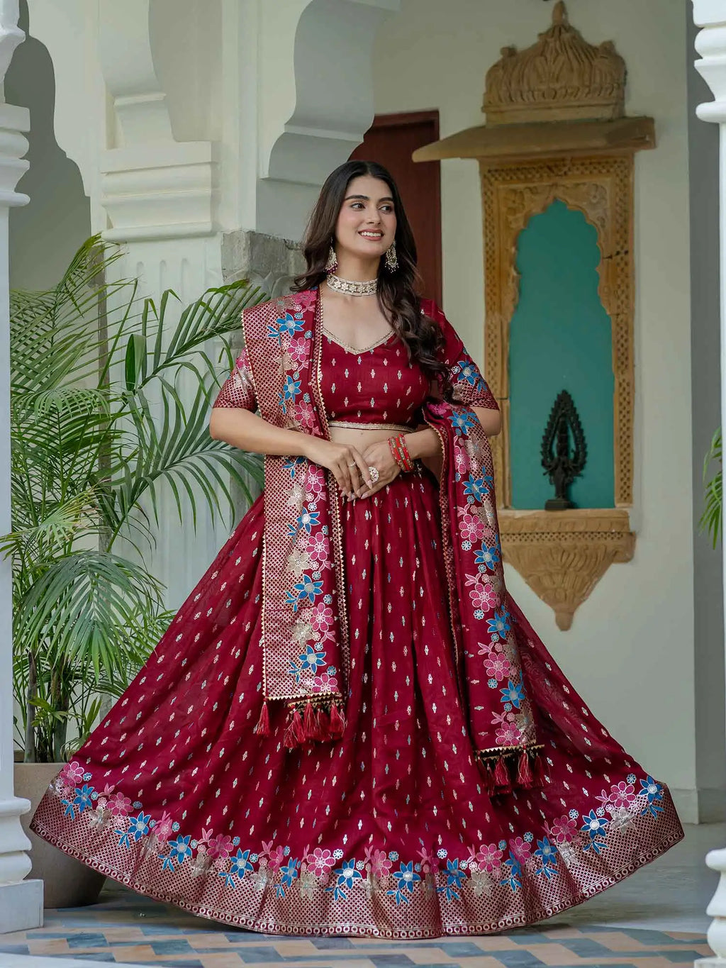 Maroon Lehenga Choli With Multi Color Foil Print