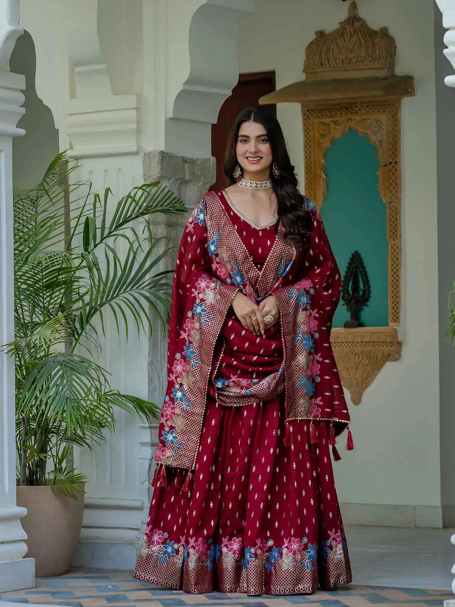 Maroon Lehenga Choli With Multi Color Foil Print