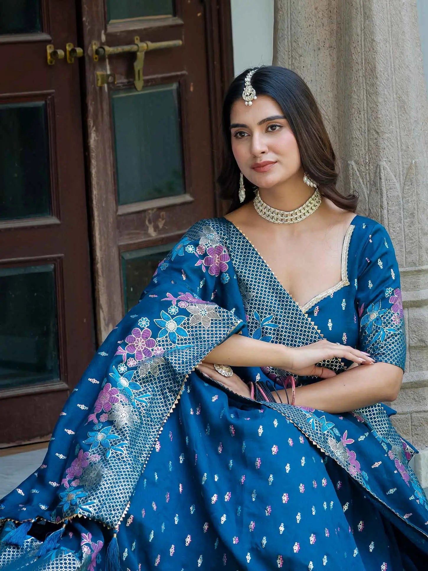 Teal Lehenga Choli With Multi Color Foil Print