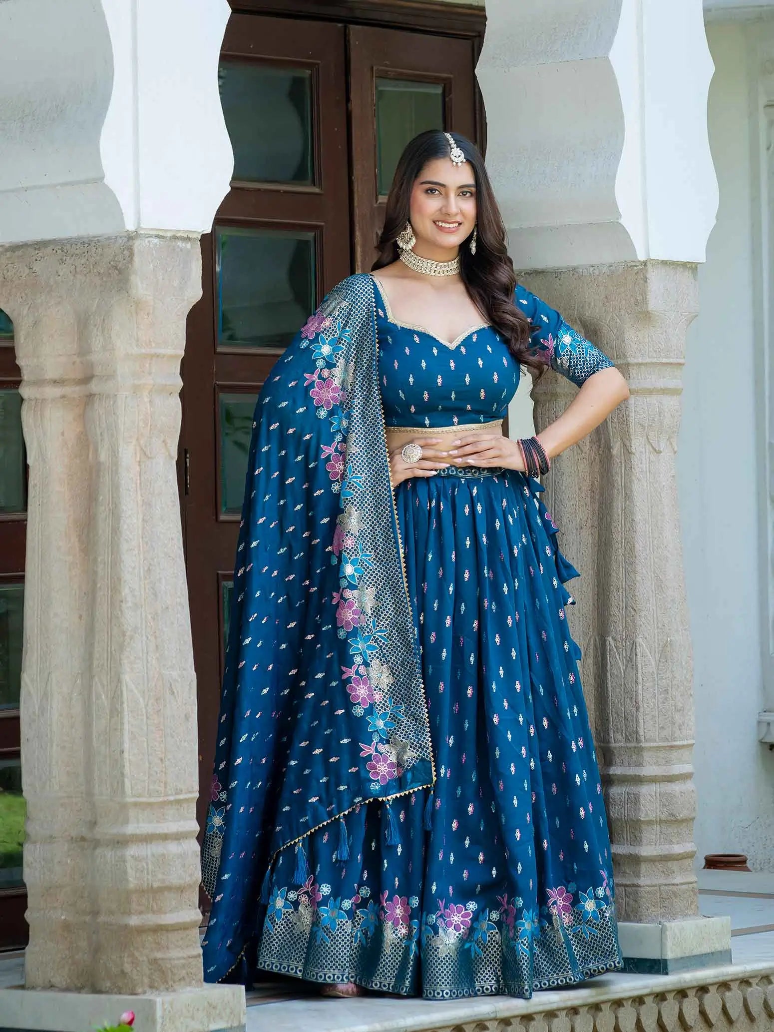 Teal Lehenga Choli With Multi Color Foil Print