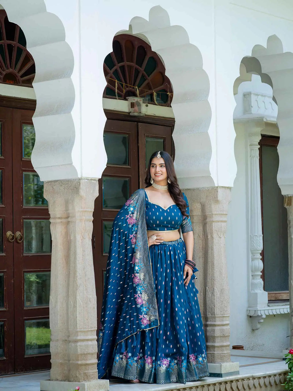 Teal Lehenga Choli With Multi Color Foil Print