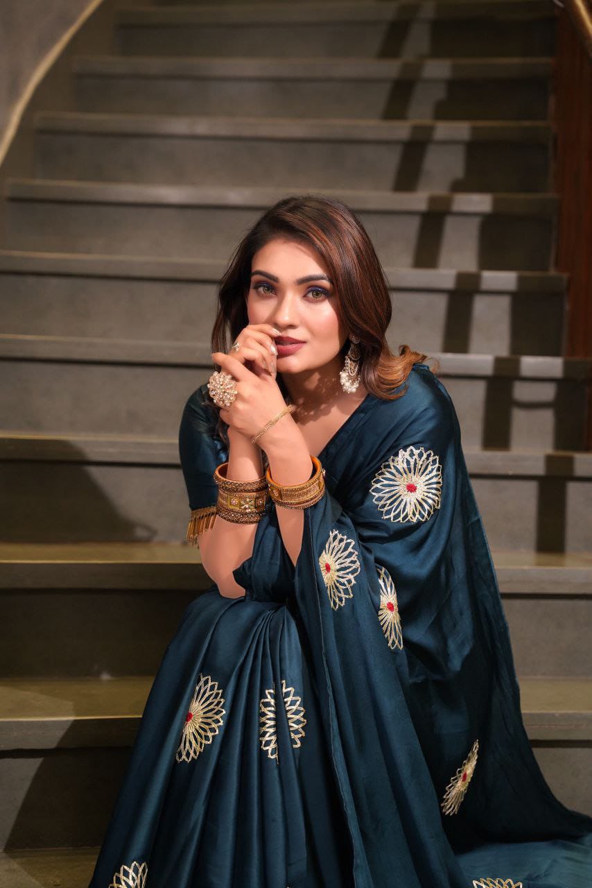 Dark Sea Green Hand Embroidered Jaipuri Gajji Silk Saree