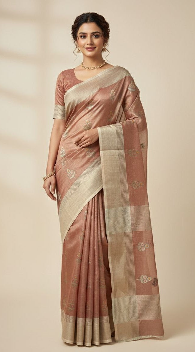 Rosy Brown Chanderi Handloom Katan Tissue Silk Meenakari Saree