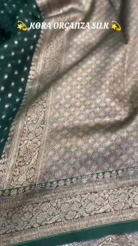 Dark Green Banarasi Handloom Kora Organza Silk Saree