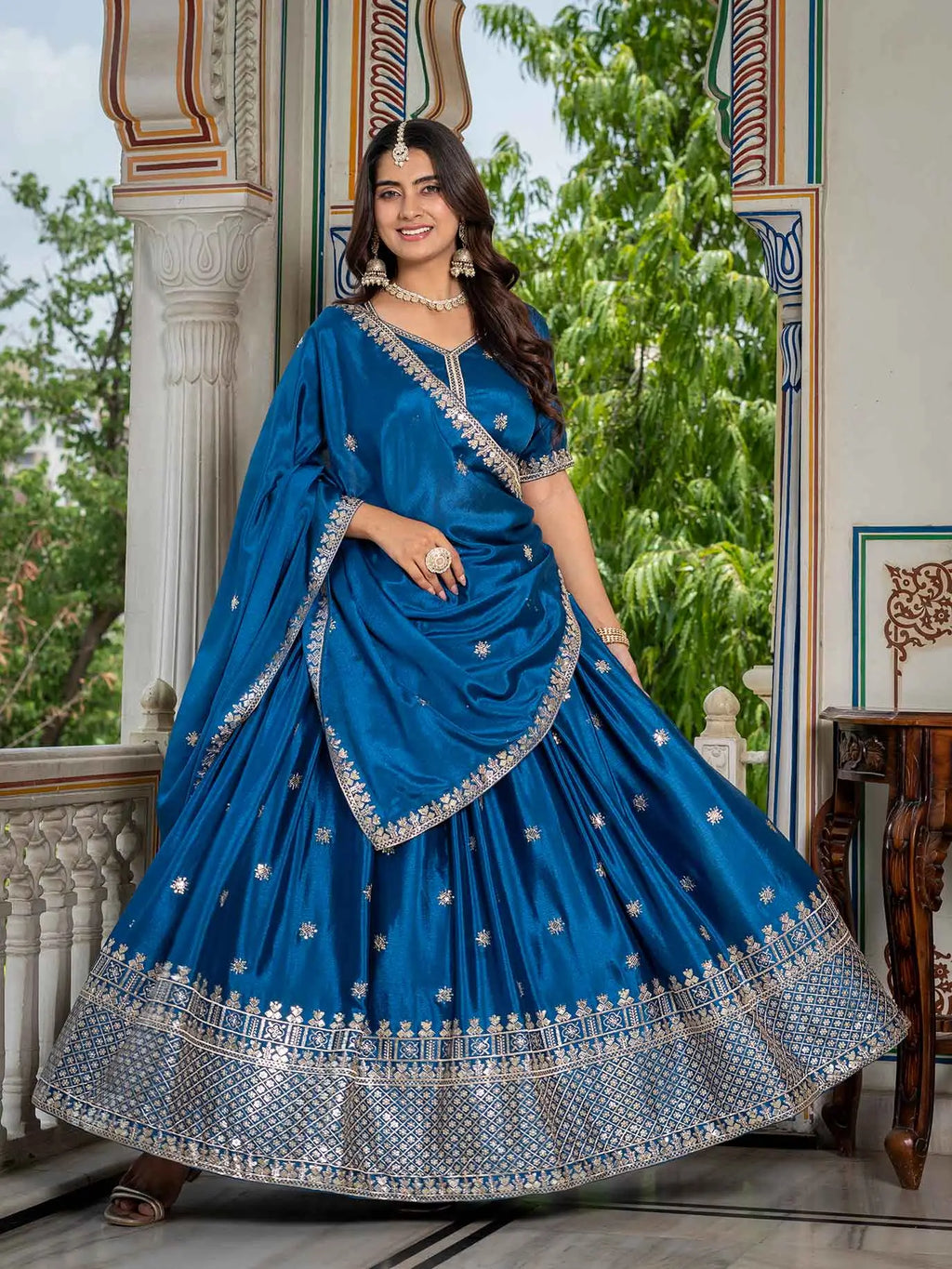 Rama Lehenga Choli With Sequins Embroidery Work