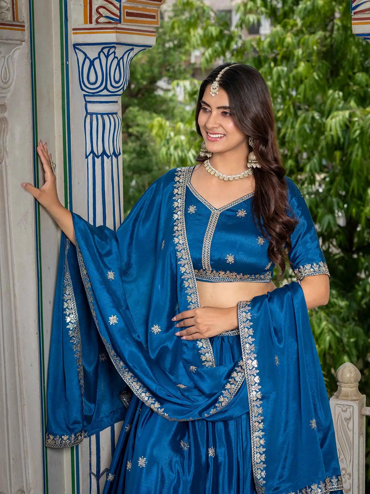 Rama Lehenga Choli With Sequins Embroidery Work