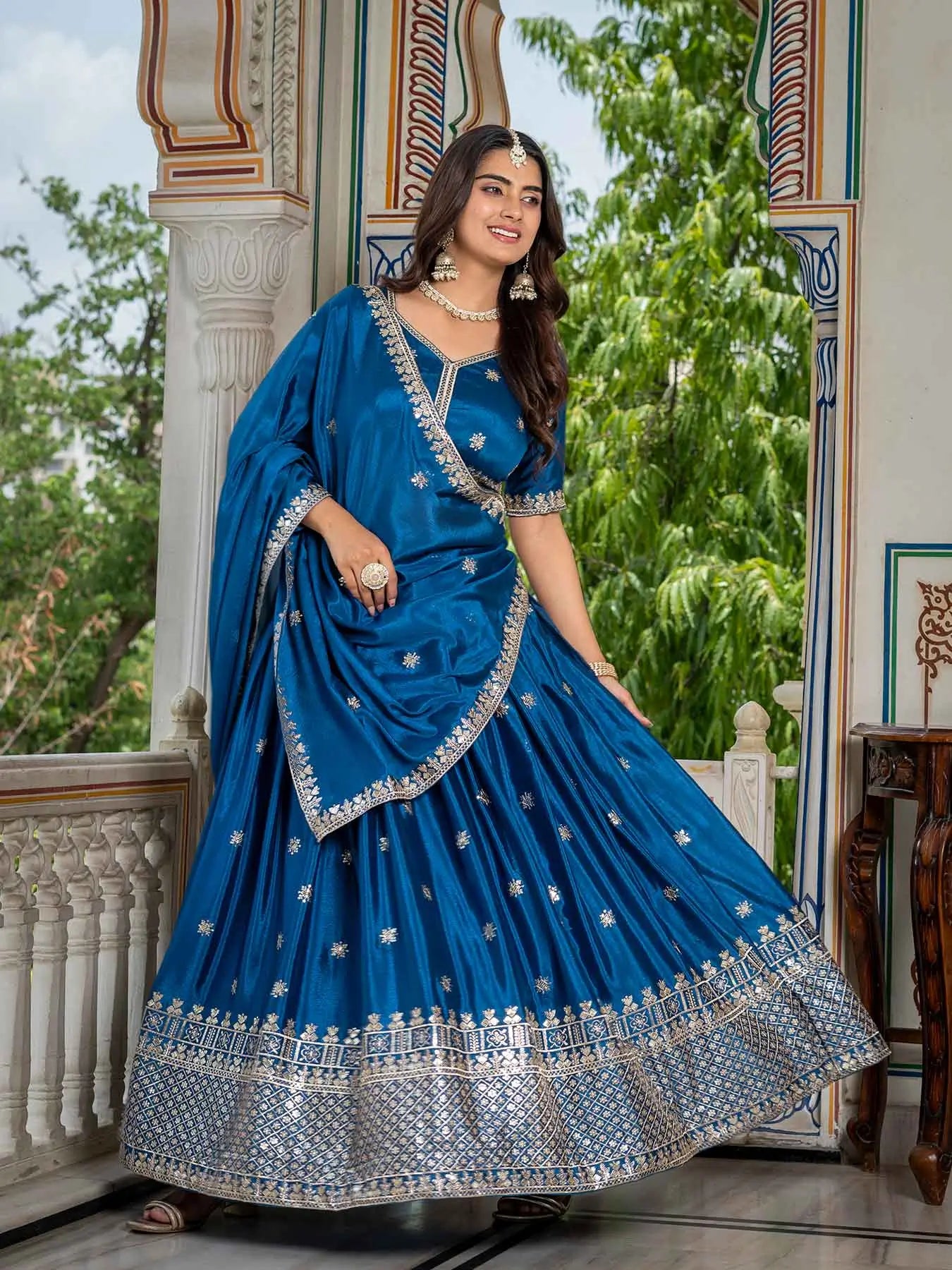Rama Lehenga Choli With Sequins Embroidery Work