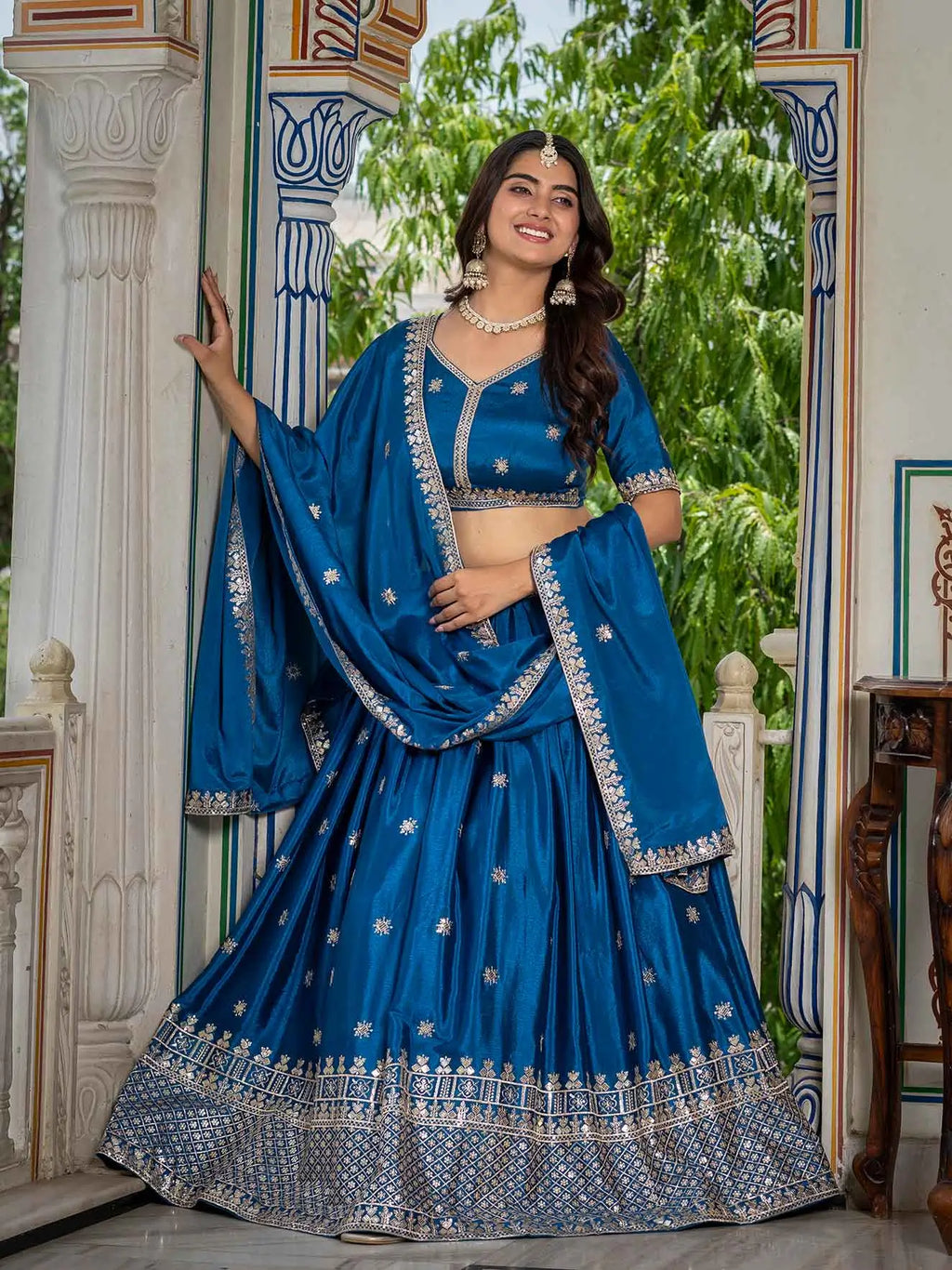 Rama Lehenga Choli With Sequins Embroidery Work