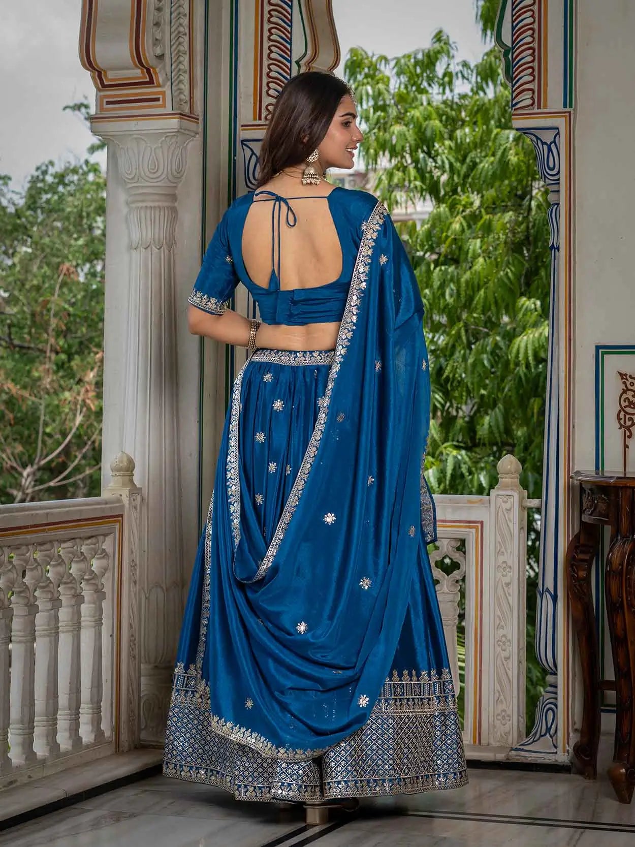Rama Lehenga Choli With Sequins Embroidery Work