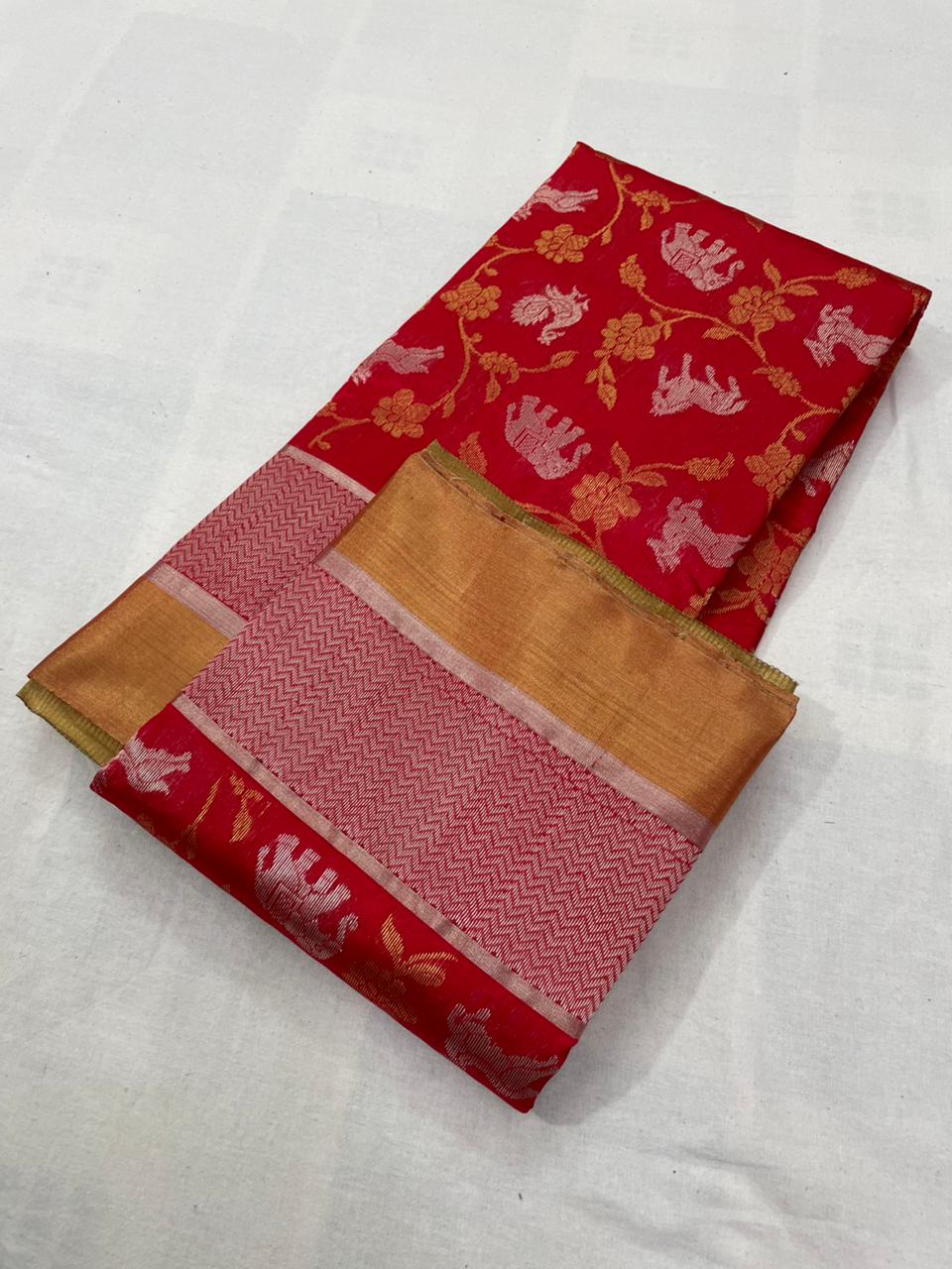 Chilly Red Chanderi Handloom Pattu Silk Shikargah Handwork Saree