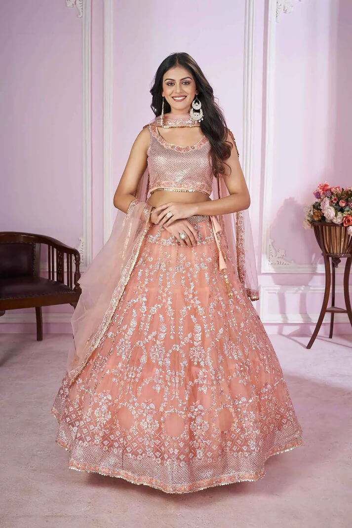 Peach Soft Net Lehenga with Sequins & Zari Embroidery