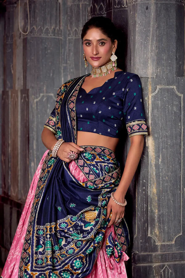 Elegant Light Pink Tussar Silk Lehenga Choli with Ikkat Print