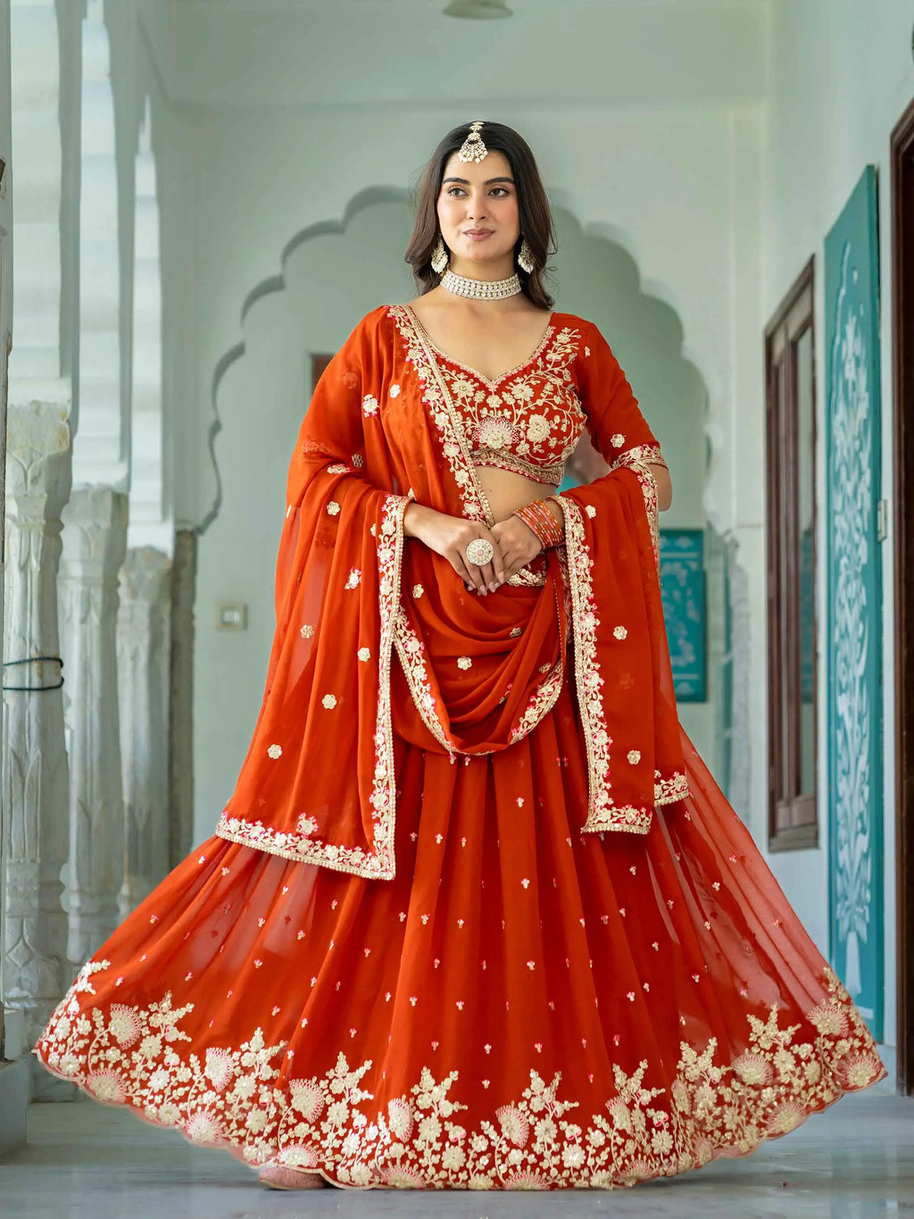 Rust Georgette Lehenga With Embroidery Work