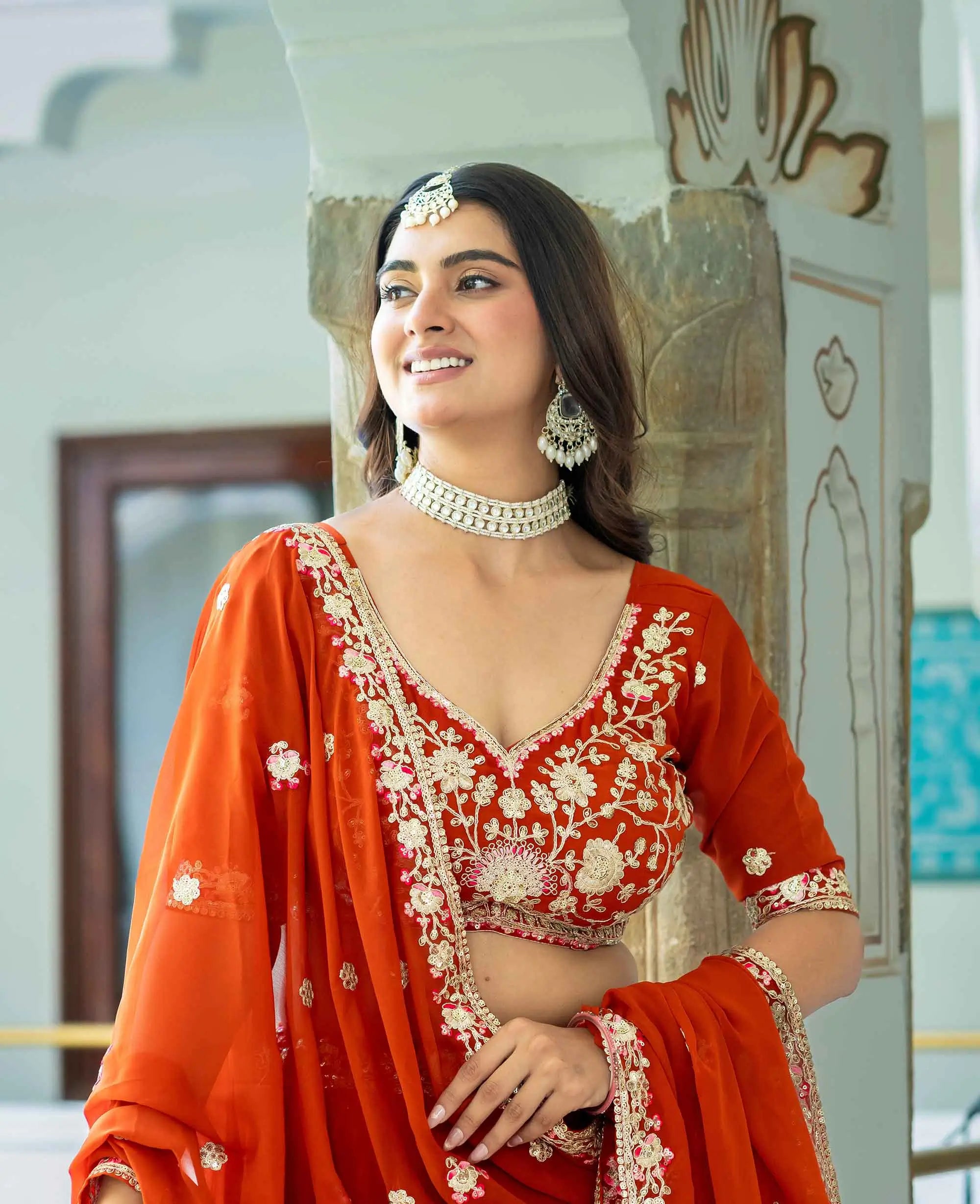 Rust Georgette Lehenga With Embroidery Work