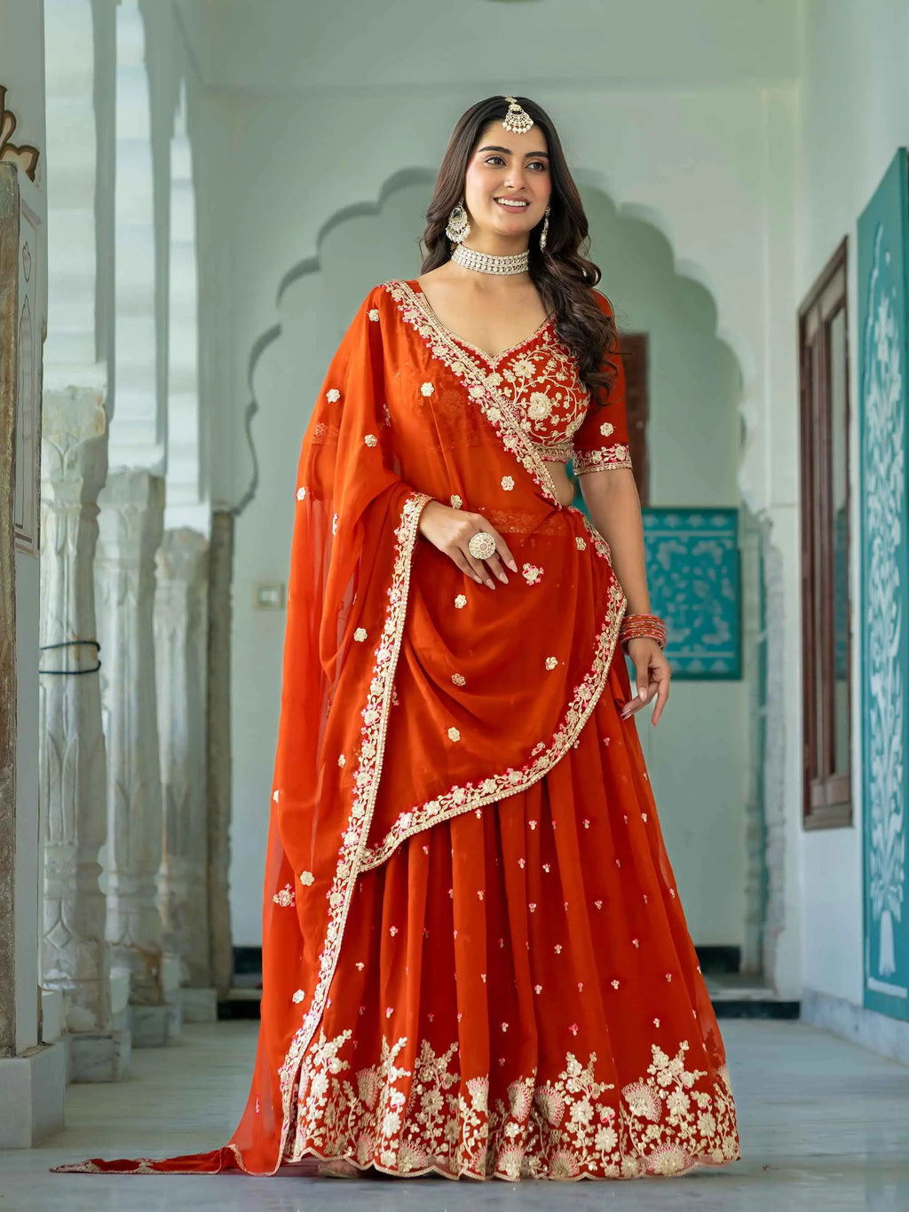 Rust Georgette Lehenga With Embroidery Work