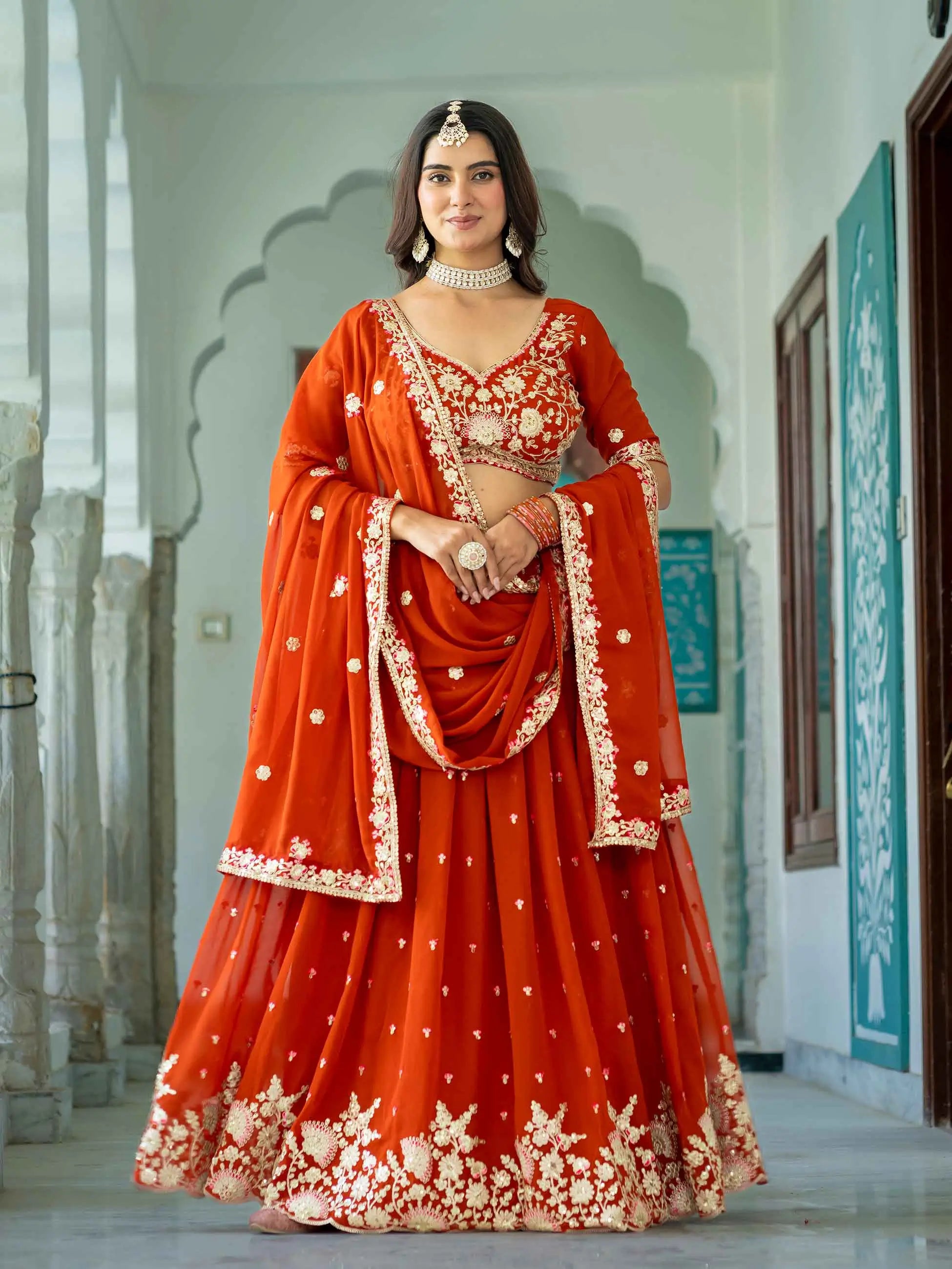 Rust Georgette Lehenga With Embroidery Work