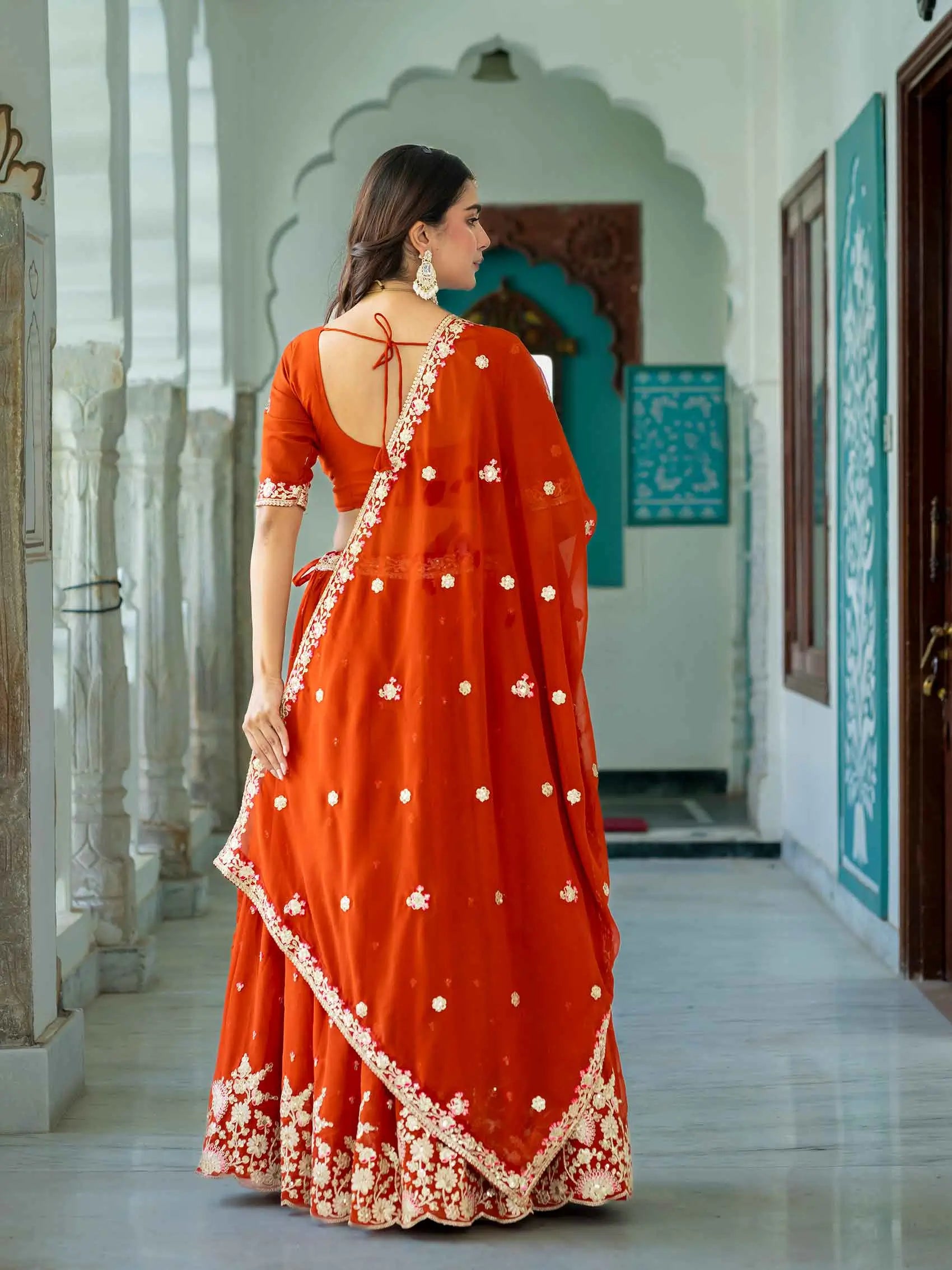 Rust Georgette Lehenga With Embroidery Work