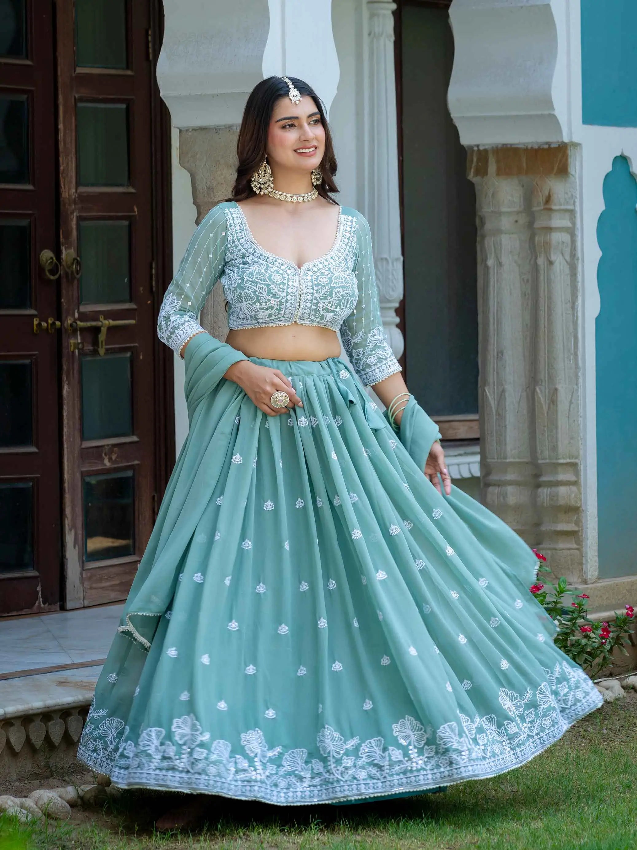 Pastle Blue Lehenga Choli With Embroidery Work