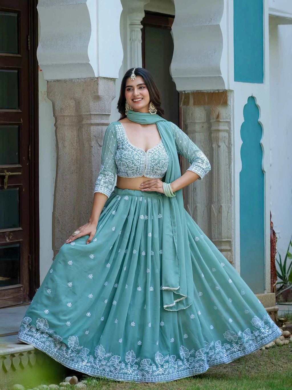 Pastle Blue Lehenga Choli With Embroidery Work