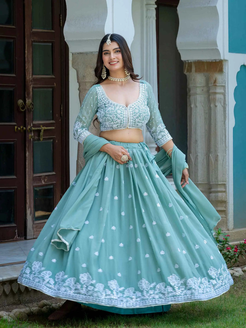 Pastle Blue Lehenga Choli With Embroidery Work