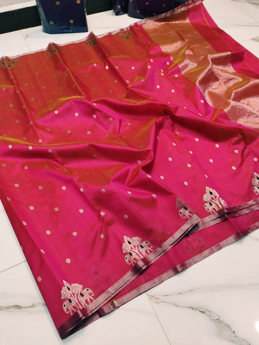 Dual Tone Pink Chanderi Handloom Pattu Silk Meenakari Saree
