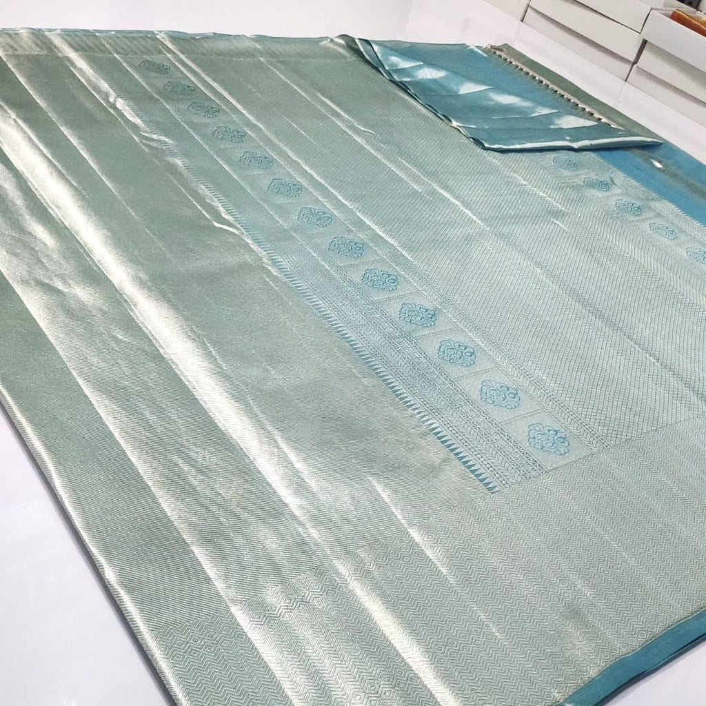 Powder Blue Kanchipuram Handloom Tissue Brocade Silk Saree