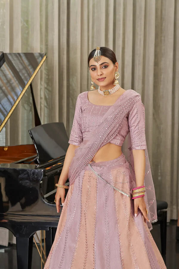 Peach Pink Art Silk Lehenga Choli with Sequins & Thread Work
