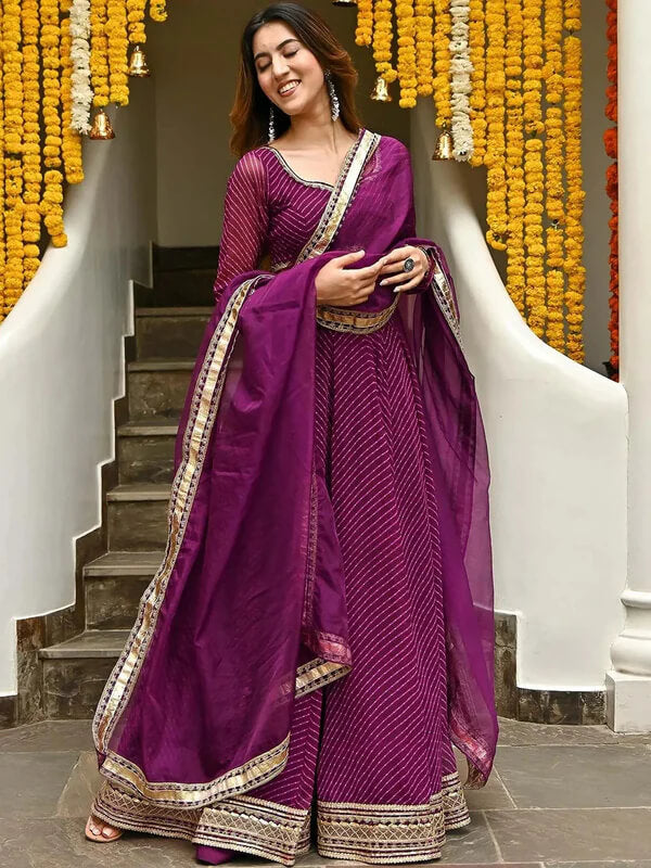 Wine Leheriya Georgette Lehenga with Zari Lace Work