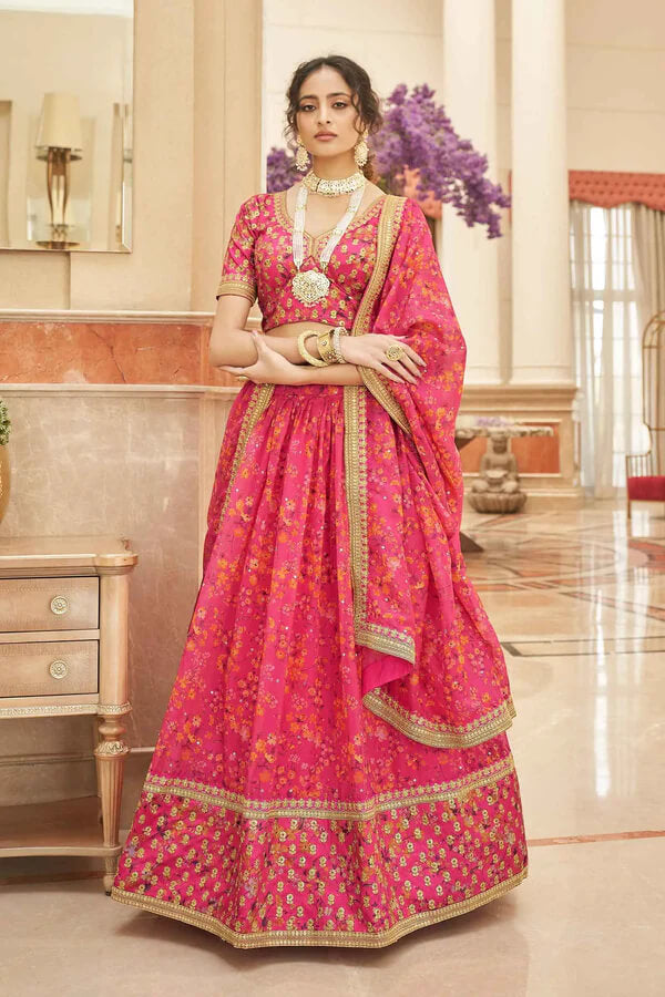 Pink Organza Floral Lehenga with Zari & Sequins Work