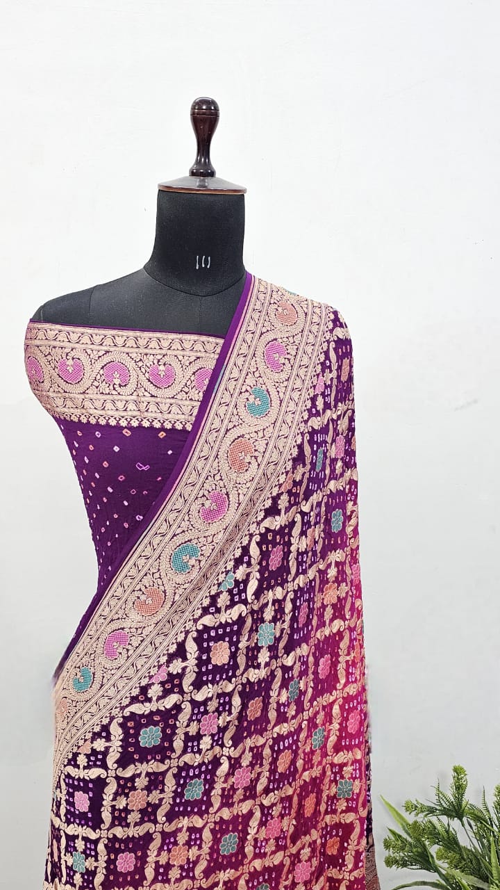 Magenta Banarasi Handloom Gold Zari Bandhani Georgette Silk Saree