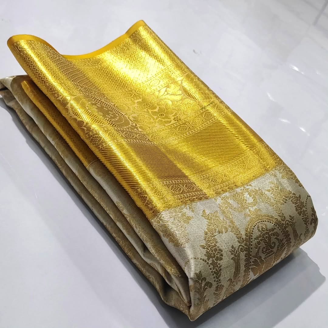 Ivory & Gold Kanchipuram Handloom Tissue Brocade Bridal Silk Saree