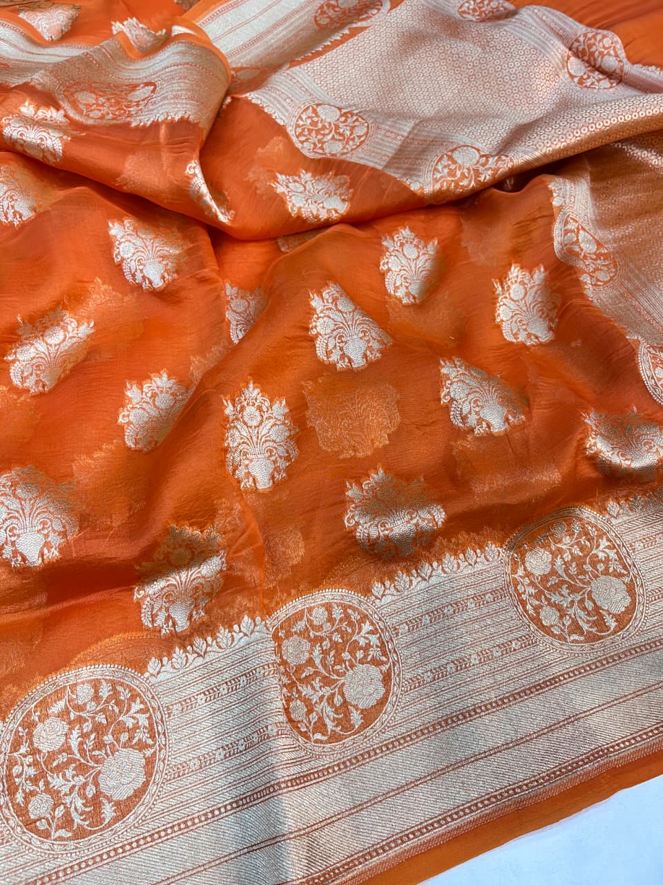 Coral Banarasi Handloom Kora Organza Silk Saree