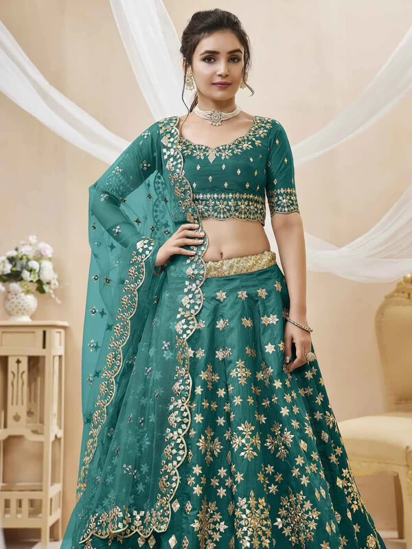 Green Art Silk Lehenga with Sequins & Zari Embroidery