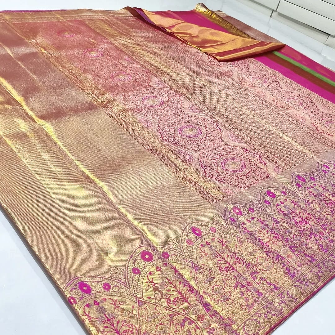 Guld og pink Kanchipuram håndvævet vævsbrokade silkesari