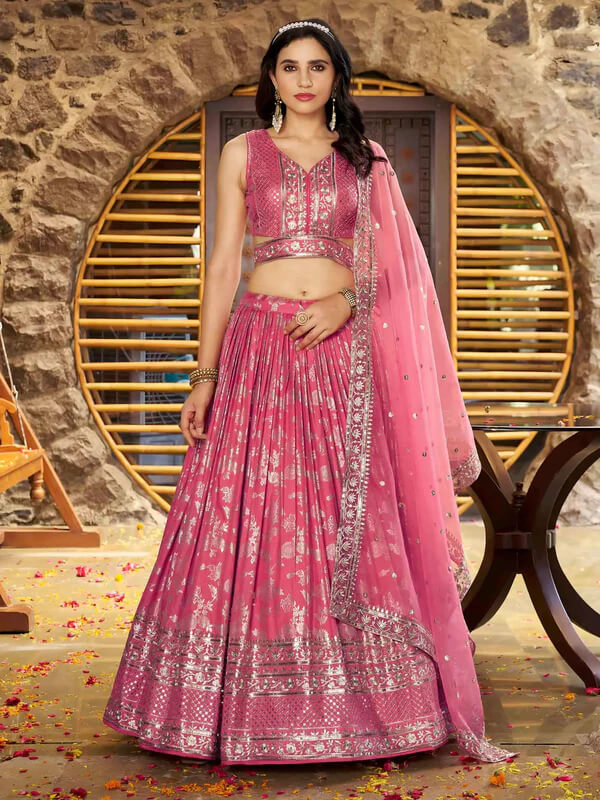 Peach Jacquard Lehenga with Zari & Sequins Work