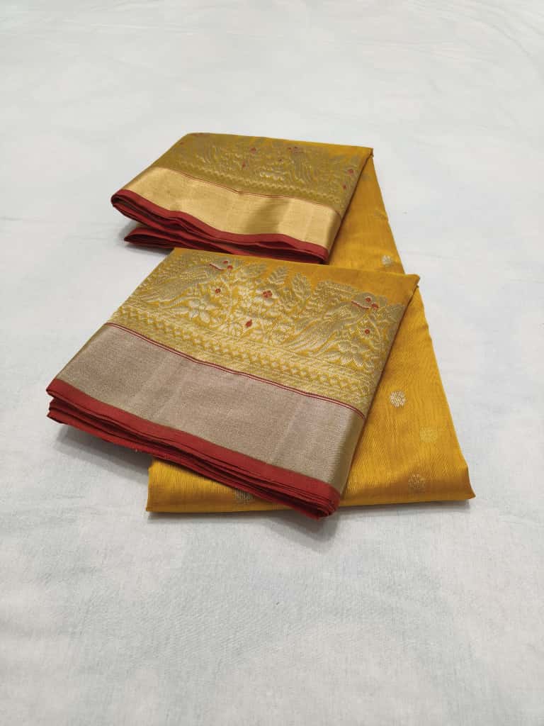 Gylden gul håndvævet Pattu Silk Meenakari Håndværk Saree