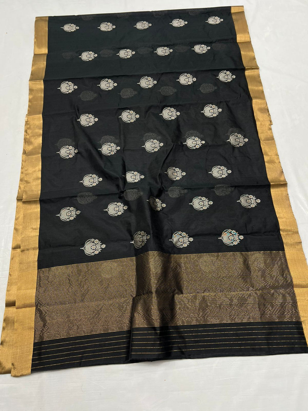 Black Chanderi Handloom Pattu Silk Meenakari Saree