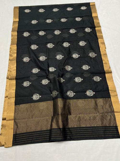 Black Chanderi Handloom Pattu Silk Meenakari Saree